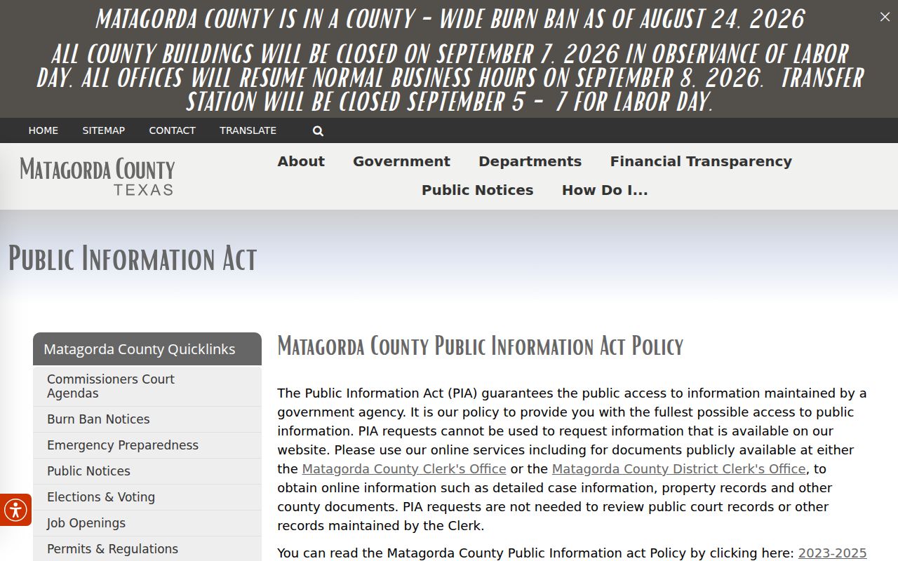 Matagorda County civil docket and written PIA access distinction