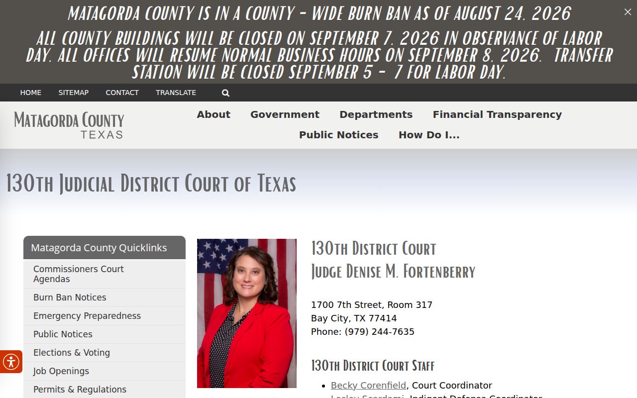 Matagorda County criminal docket 130th District Court procedures