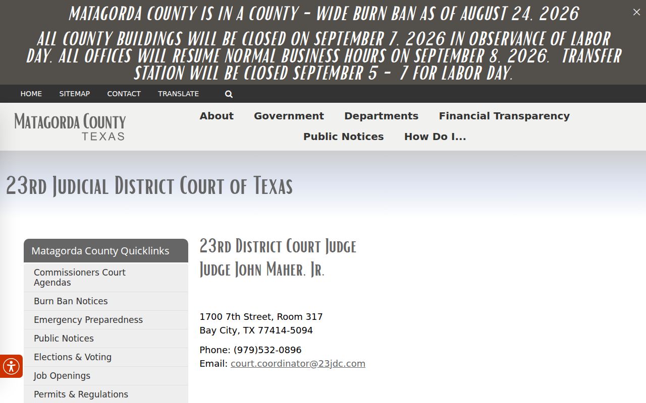 Matagorda County criminal docket 23rd District Court page