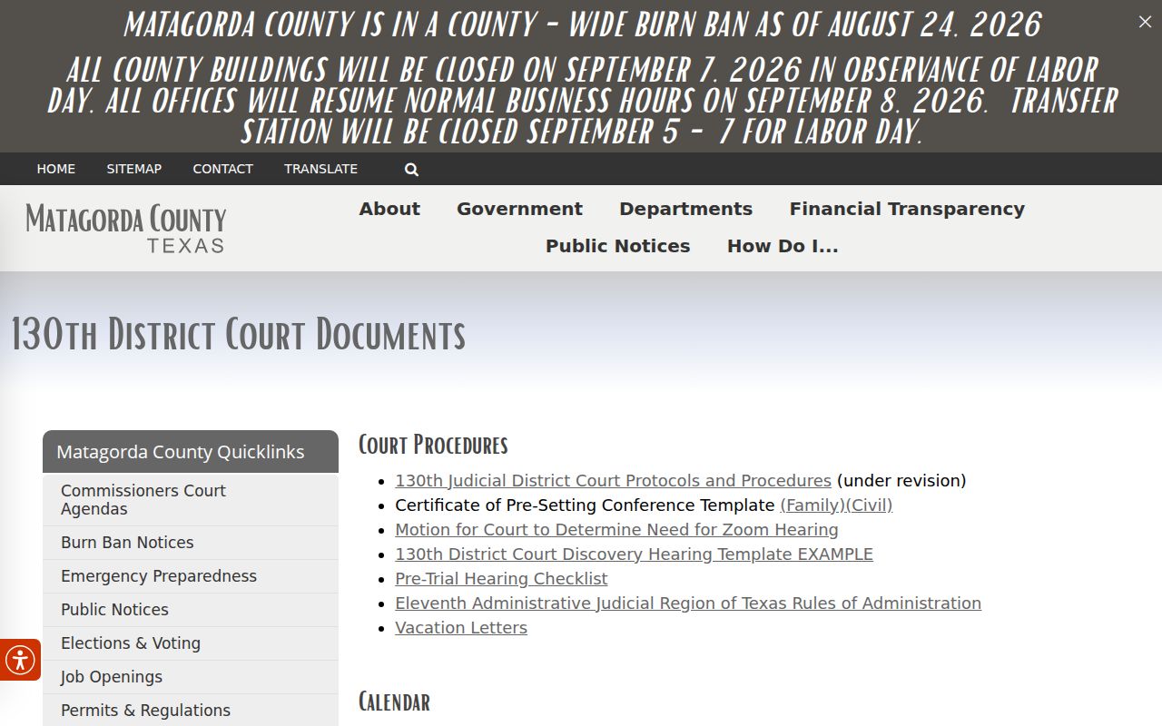 Matagorda County criminal docket court forms and protocols