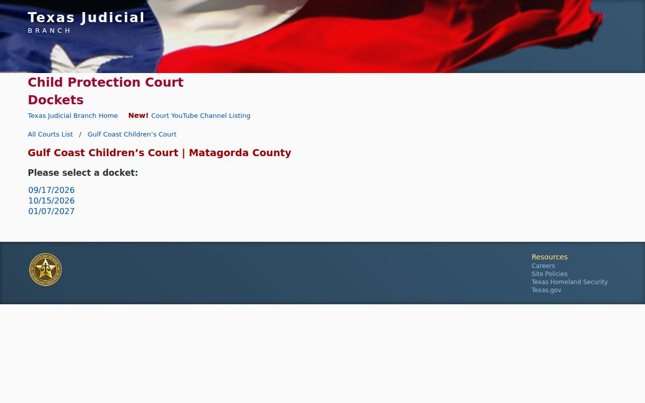 Gulf Coast Children’s Court public date selector for Matagorda County