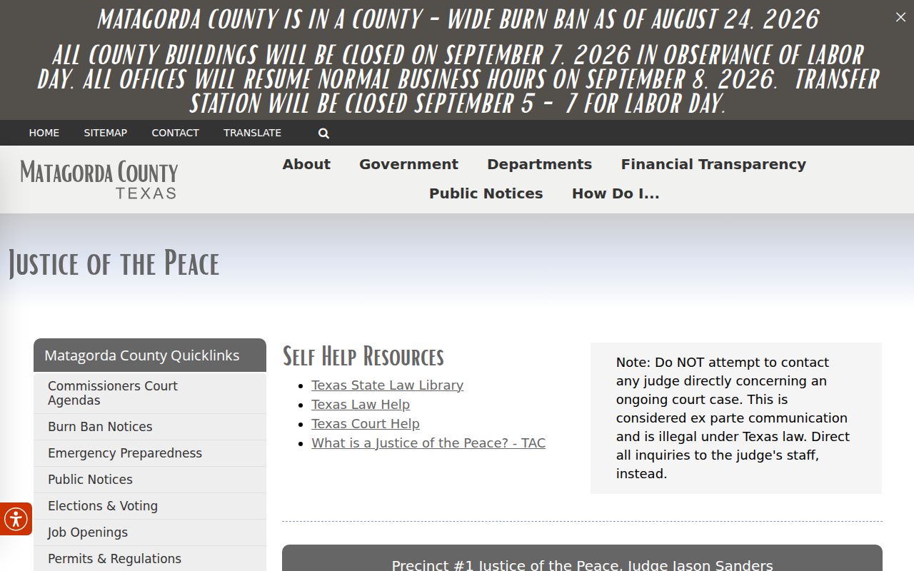 Official Matagorda County list of five Justice of the Peace courts