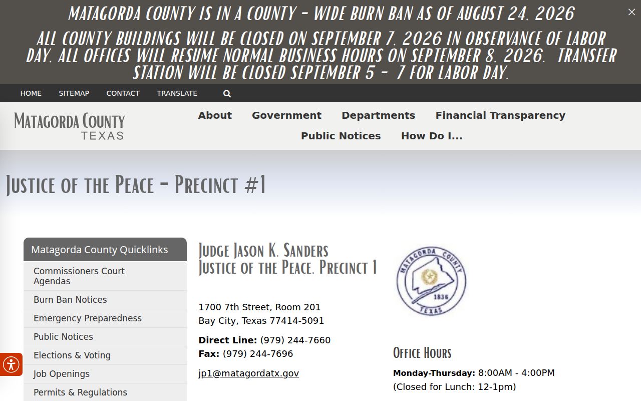 Matagorda County JP1 official forms, hours, payment, and hearing access page