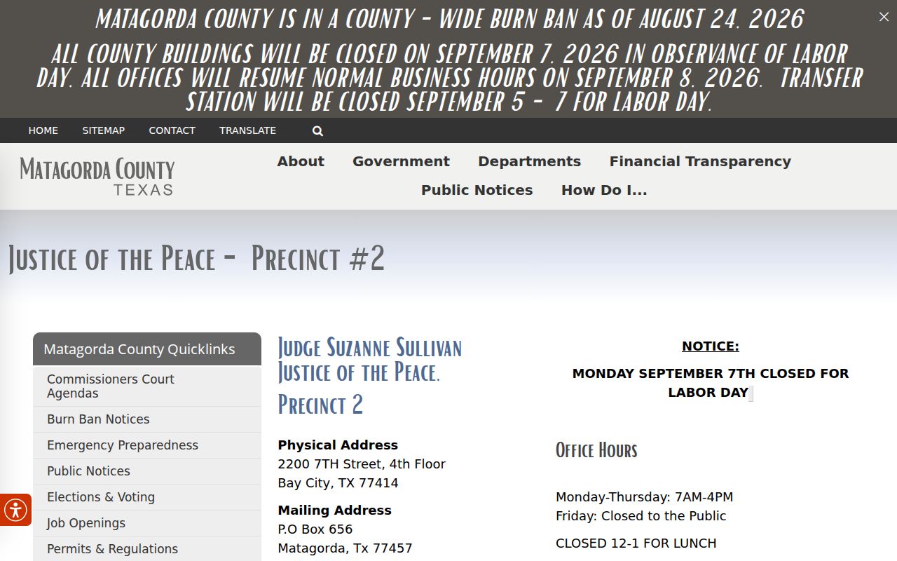 Matagorda County JP2 contact, warrant-amnesty, and no-Zoom notice