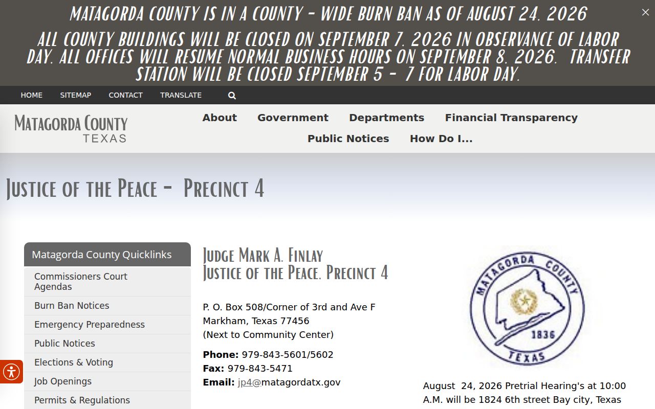 Matagorda County JP4 Markham office and pretrial information