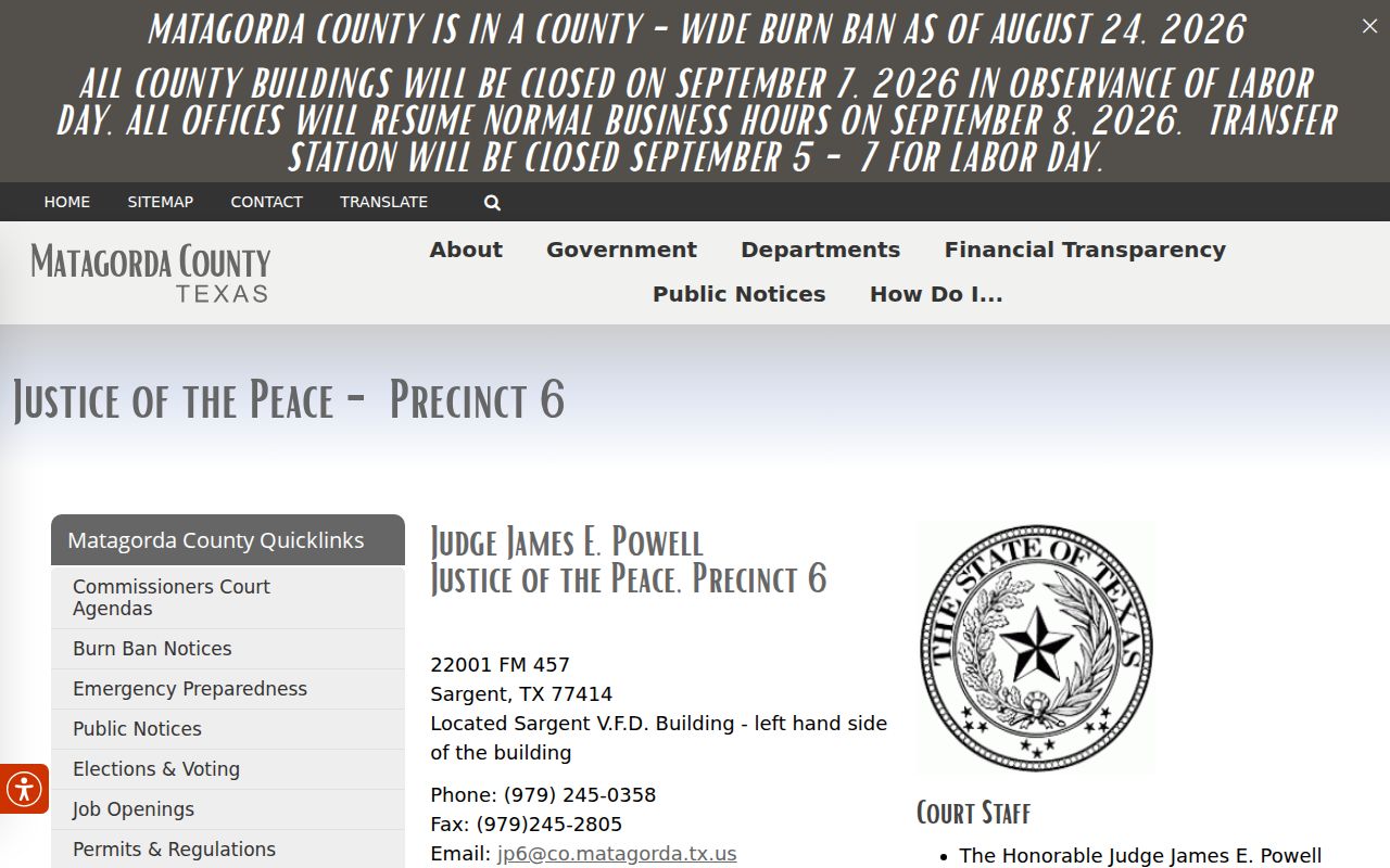 Matagorda County JP6 Sargent office and case resolution information