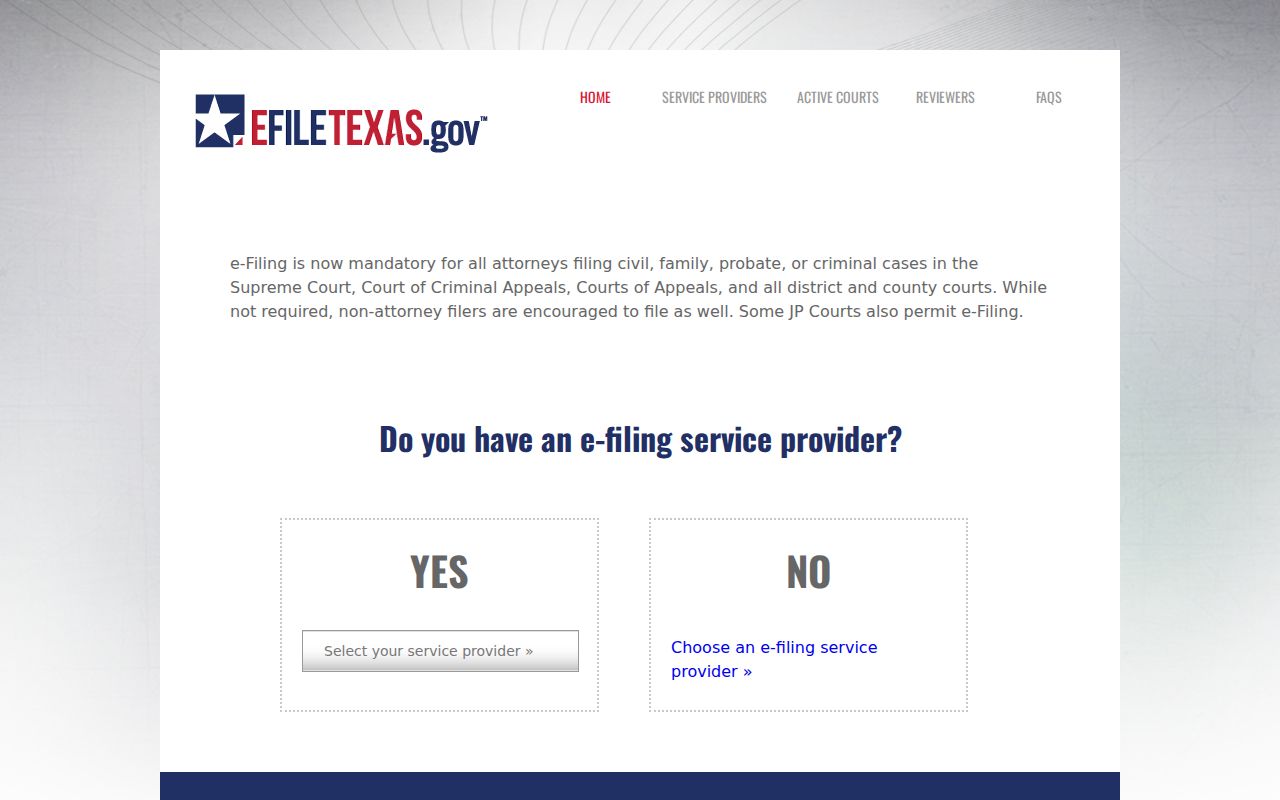 eFileTexas statewide electronic filing home page