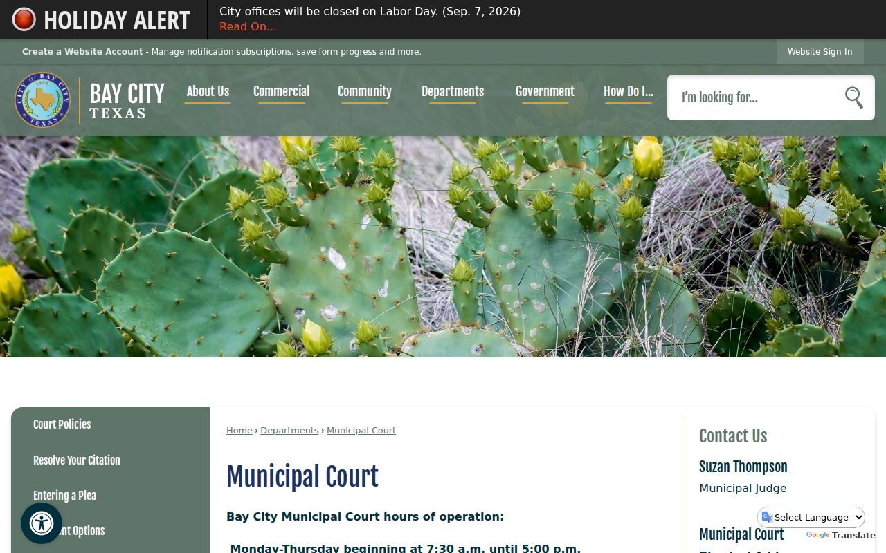 Bay City Municipal Court official location, hours, jurisdiction, and clerk contacts