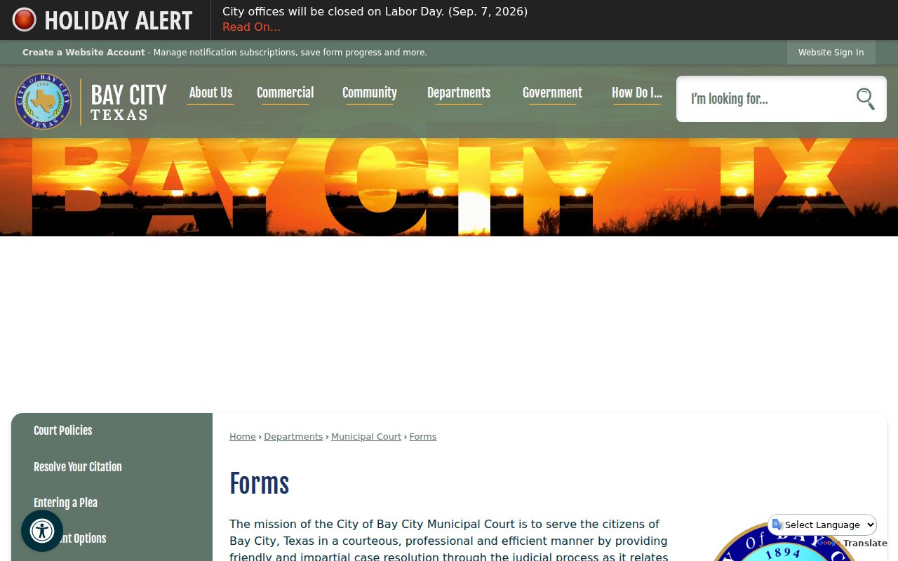 Bay City Municipal Court forms for continuance, address changes, jury requests, and compliance