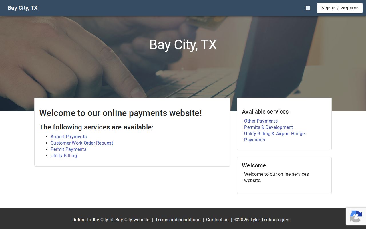Tyler Municipal Online Payments portal linked by Bay City