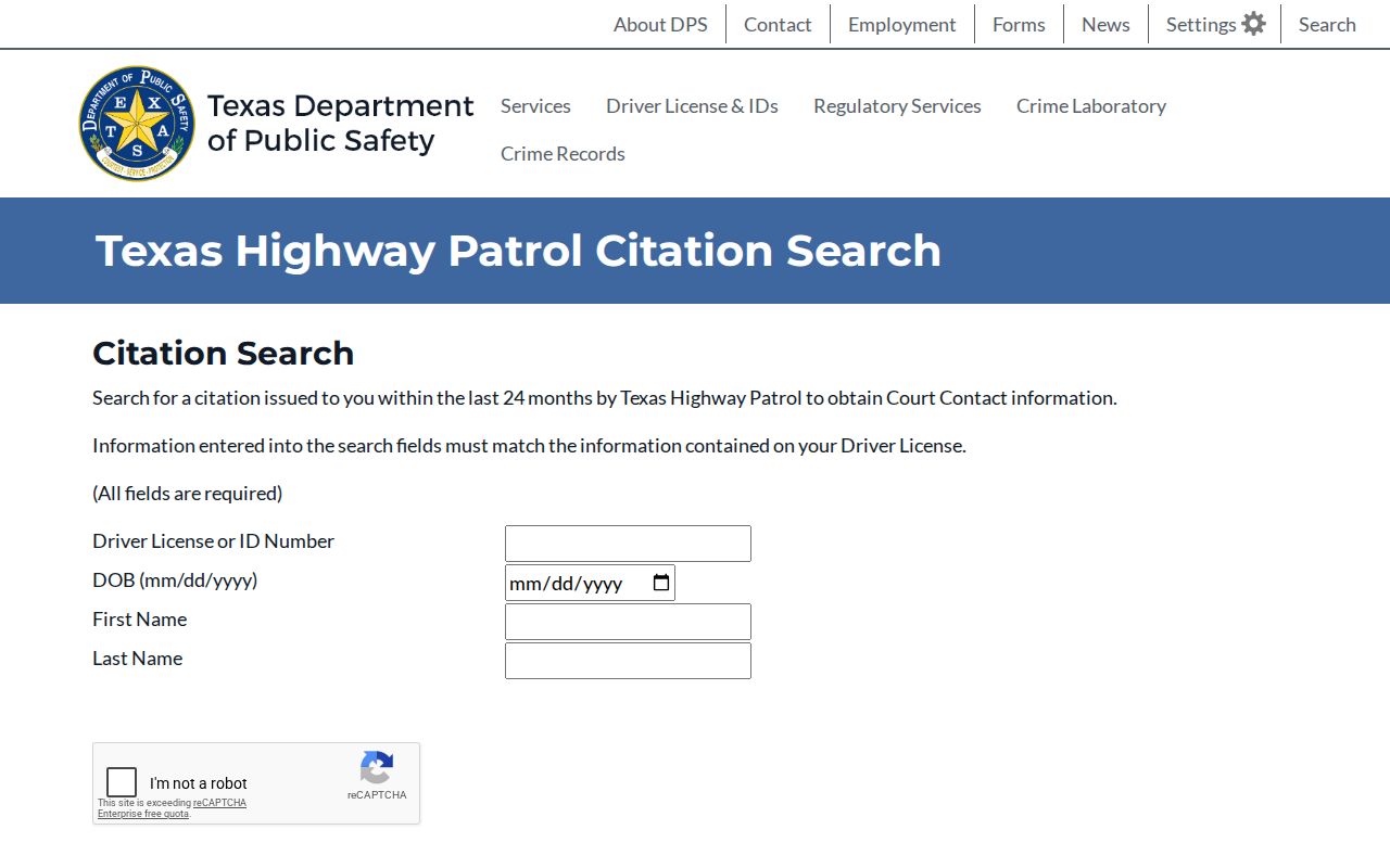 Texas DPS Highway Patrol citation search identity fields for a Palacios-area ticket