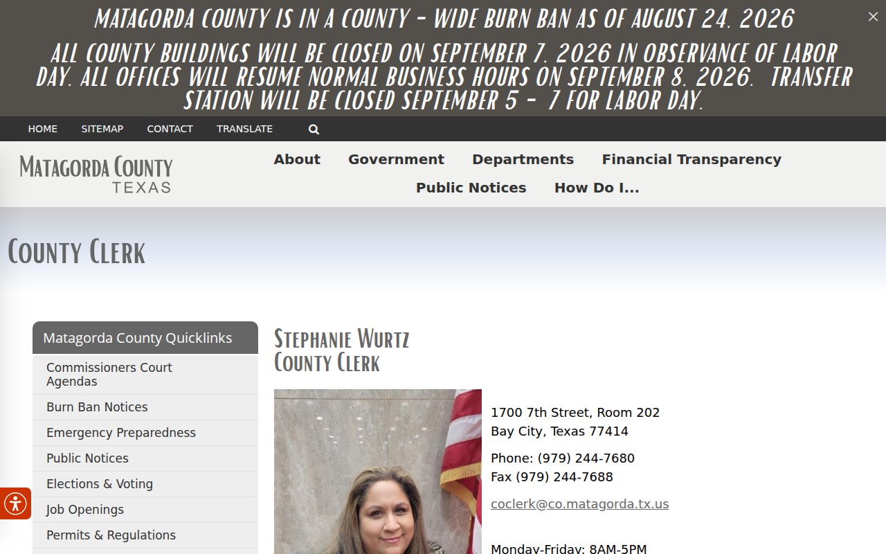 Matagorda County court docket County Clerk records page