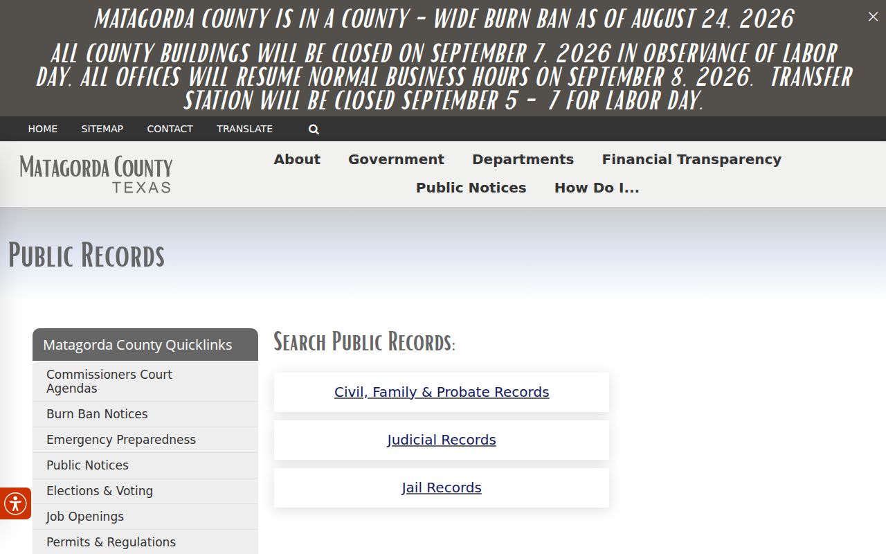 Matagorda County court docket public record search page