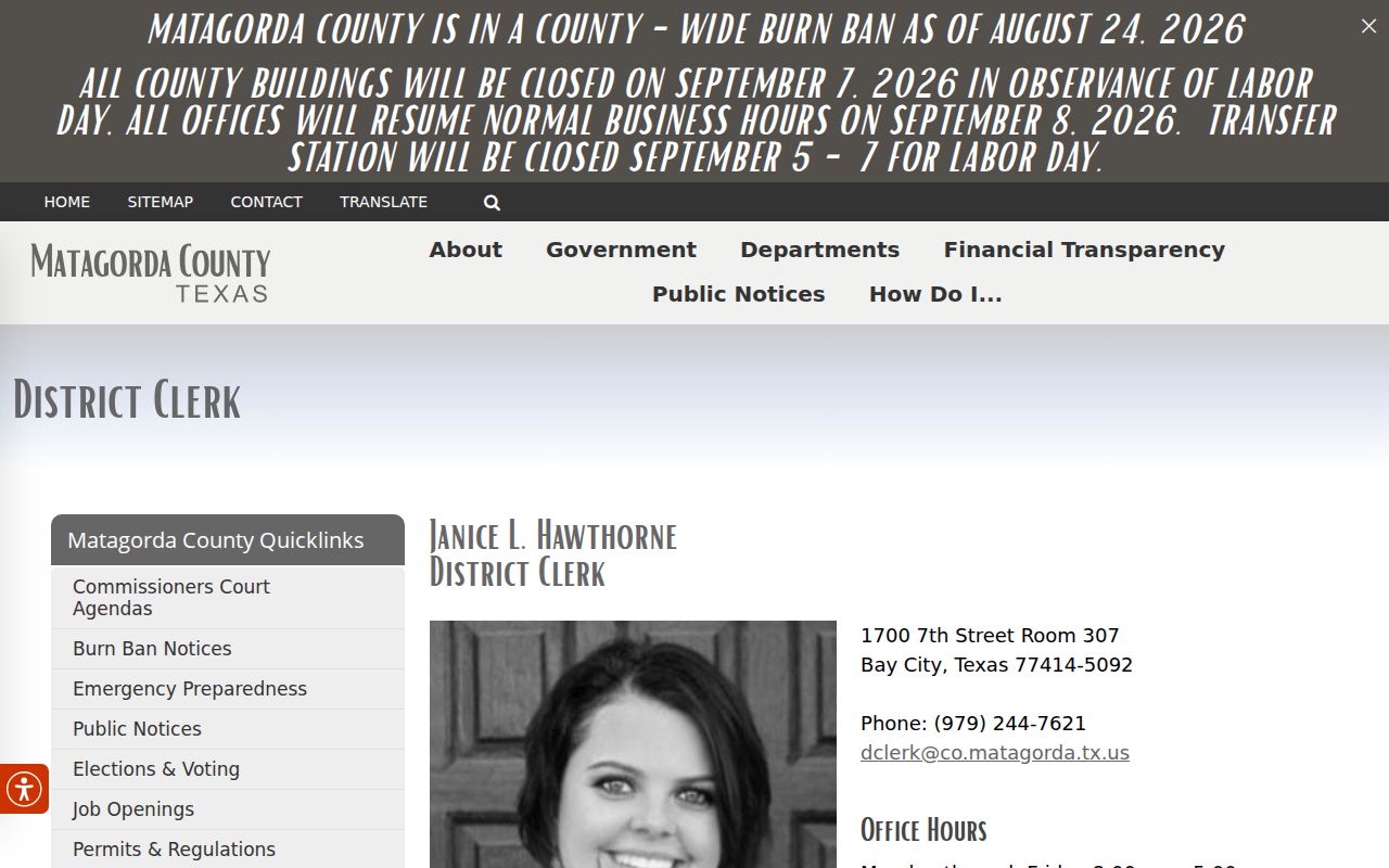 Matagorda County court docket District Clerk records page